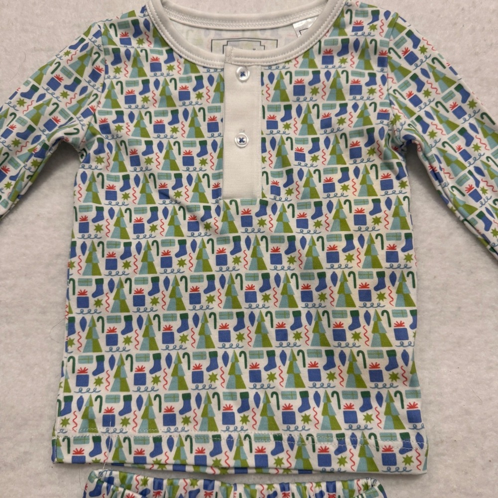 Lila & Hayes Christmas Pima Cotton Pajama Set 12-18M Green Holiday Henley NWT - Picture 3 of 10